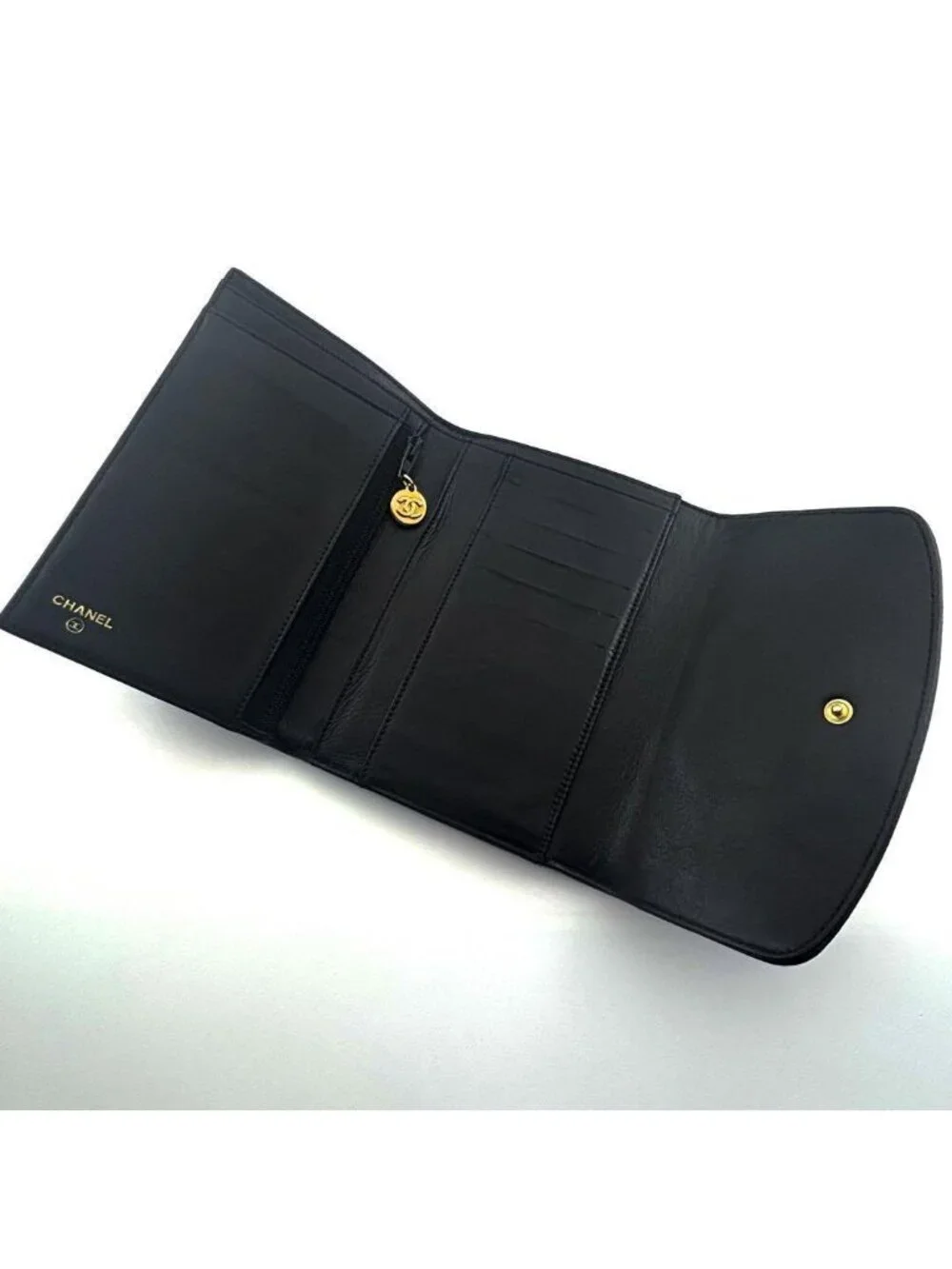 Chanel Wallet Jumbo CC Logo Caviar Trifold Charm Black